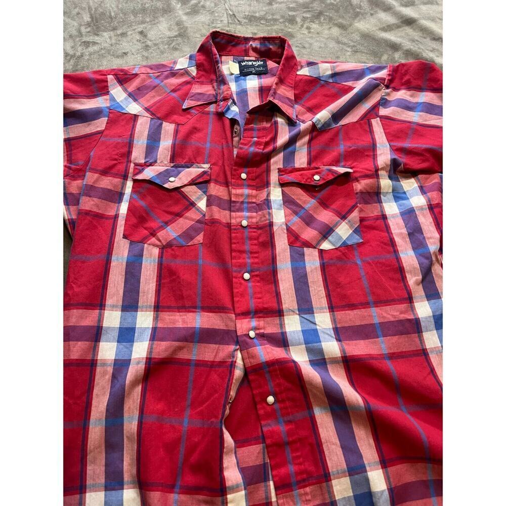 Vtg Wrangler XL Pearl Snap X-Long Tails Cowboy‎ Cut Regular Fit Red Plaid Shirt